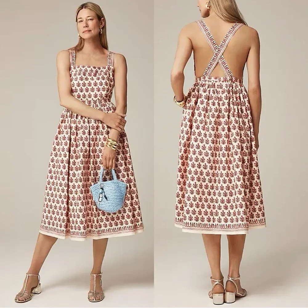 NWT J CREW Embroidered apron dress in block print in Warm Sesame Red
